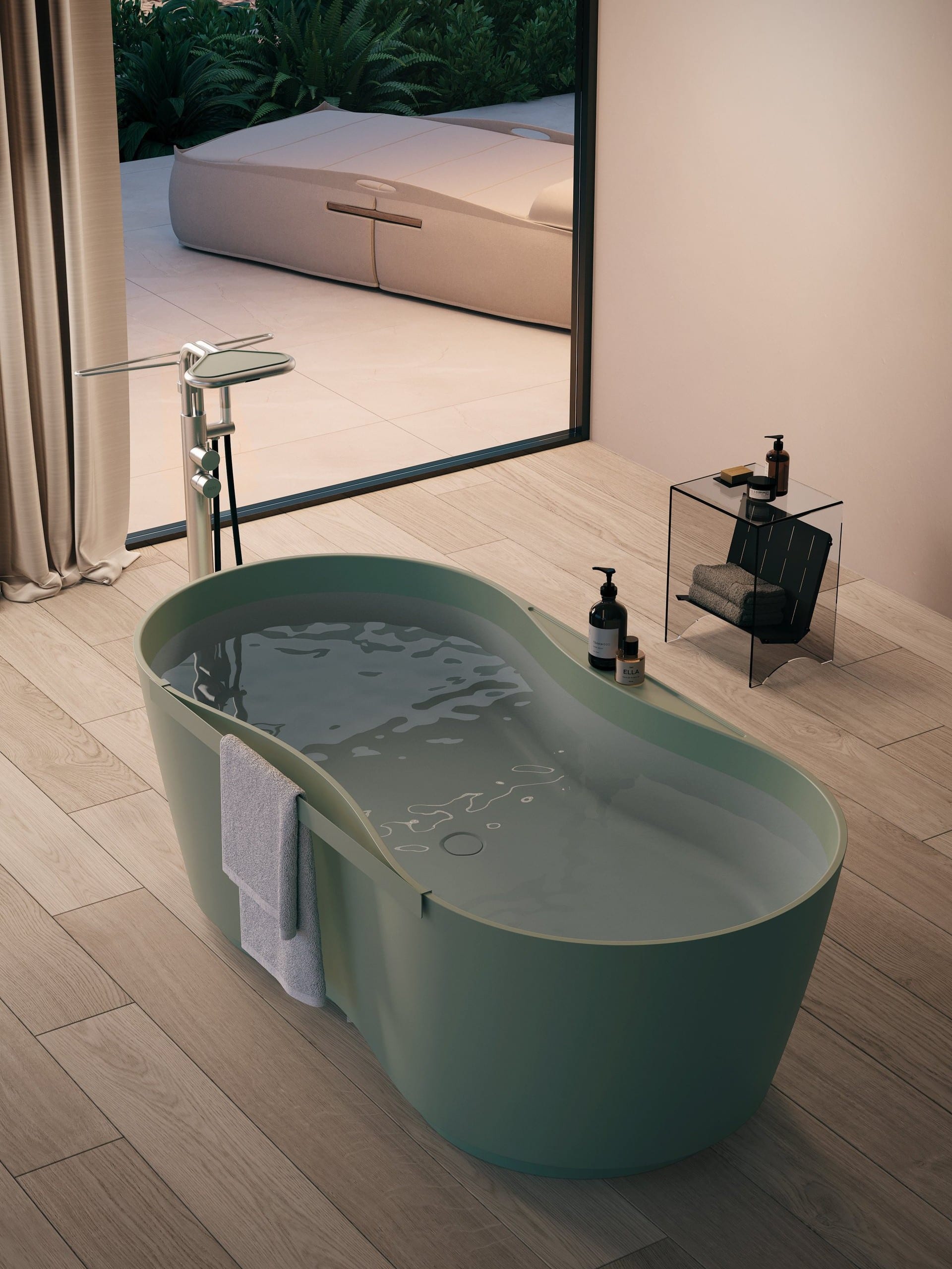 vasca freestanding verde bosco con barra portasalviette