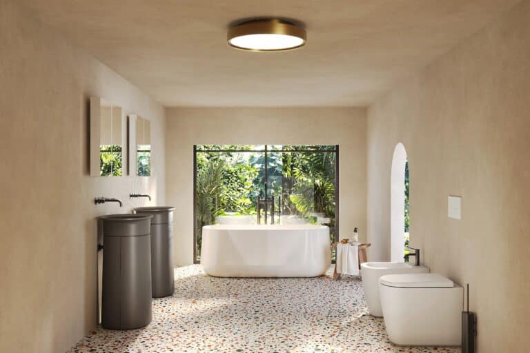 bagno moderno con sanitari, vasca e 2 lavabi freestanding