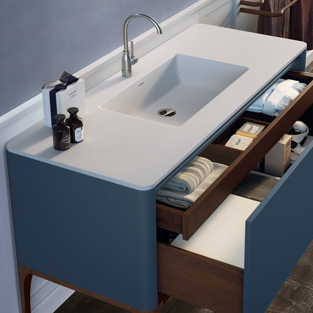 top mobile bagno con lavabo integrato in Minearalmarmo opaco bianco