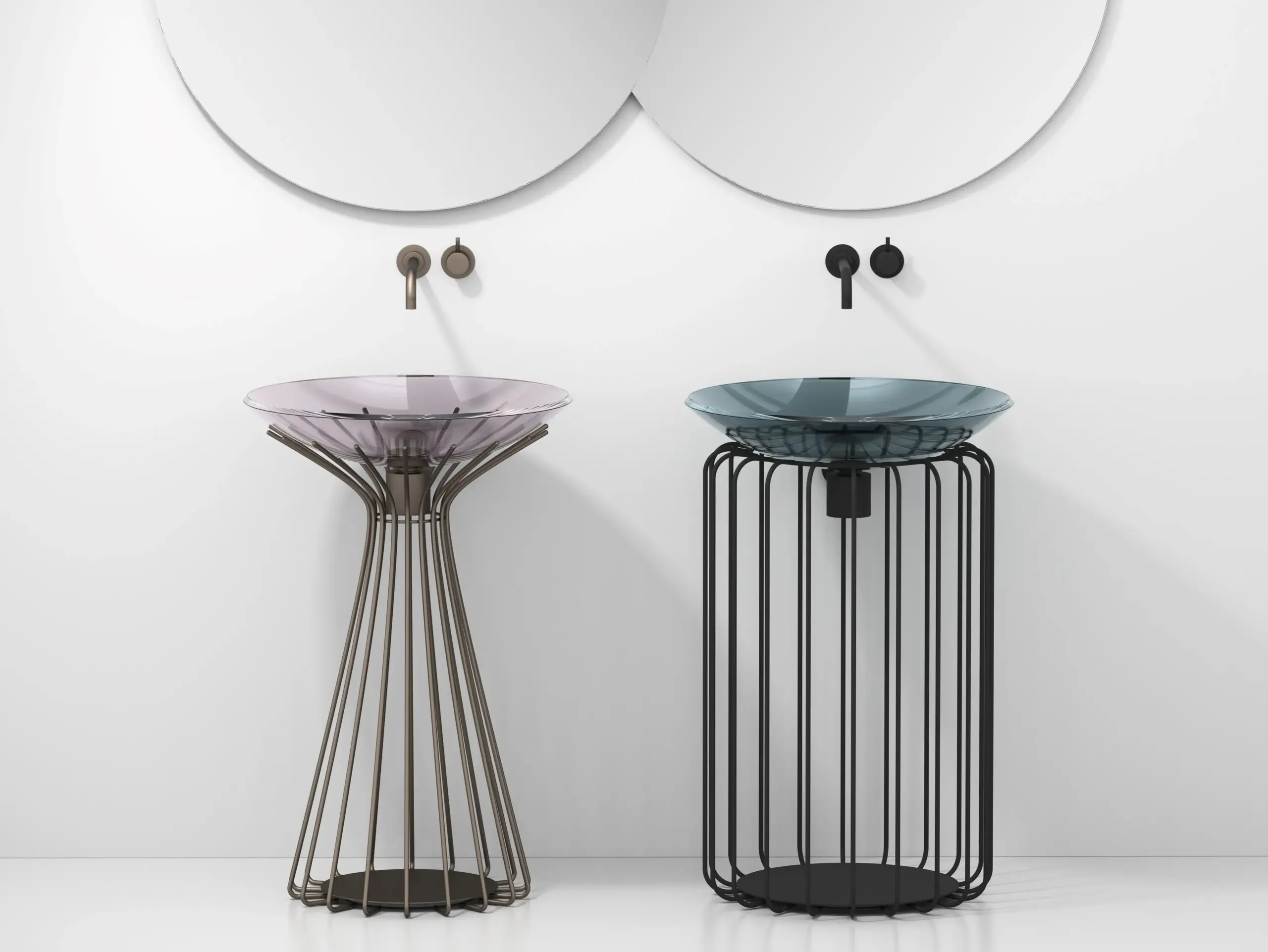 2 lavabo in vetro su colonna metallica