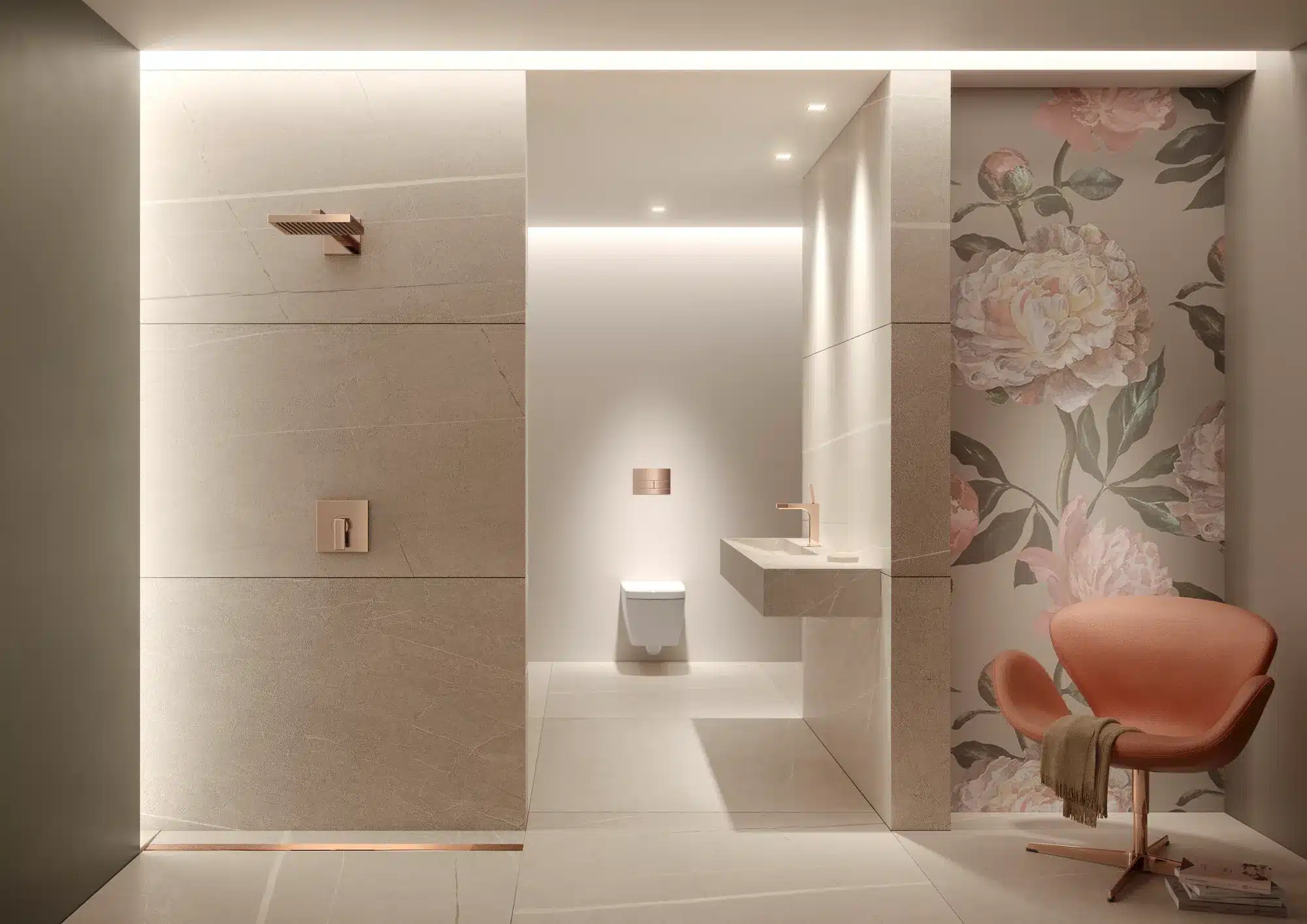 doccia walk-in senza piatto in bagno moderno con canalina doccia filo pavimento