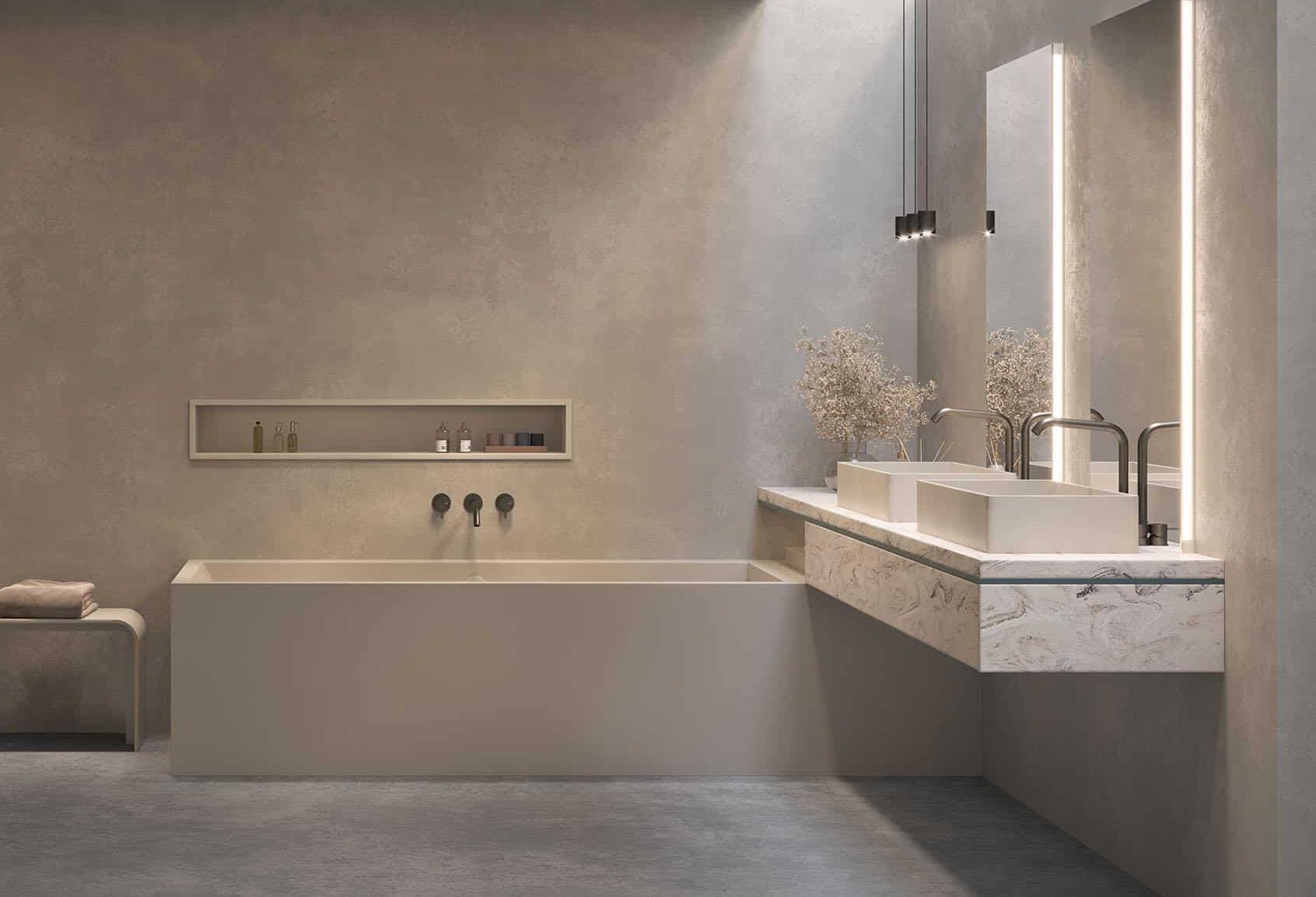 bagno moderno in Corian effetto marmo beige con vasca e top con 2 lavabi squadrati