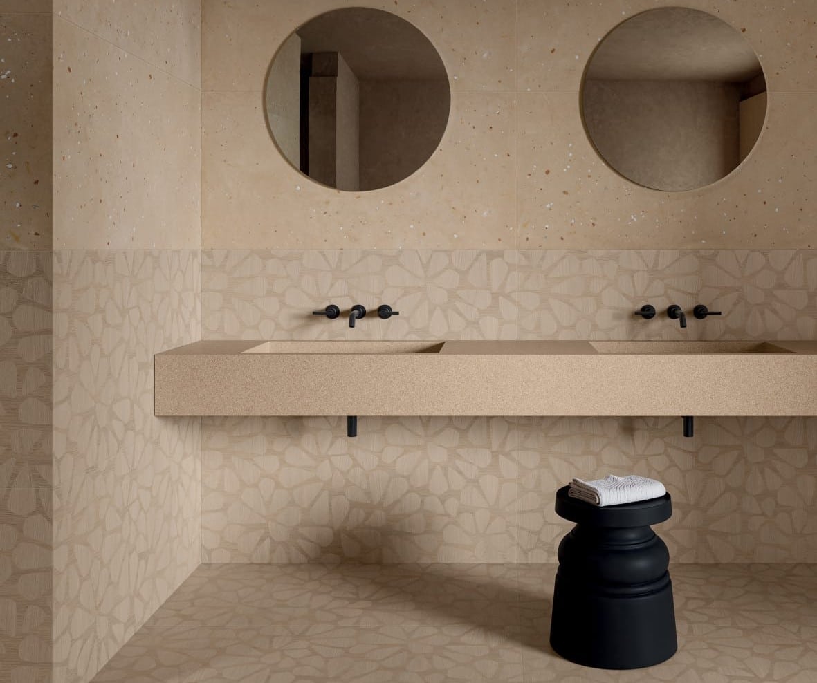 top con 2 lavabi integrati in gres porcellanato