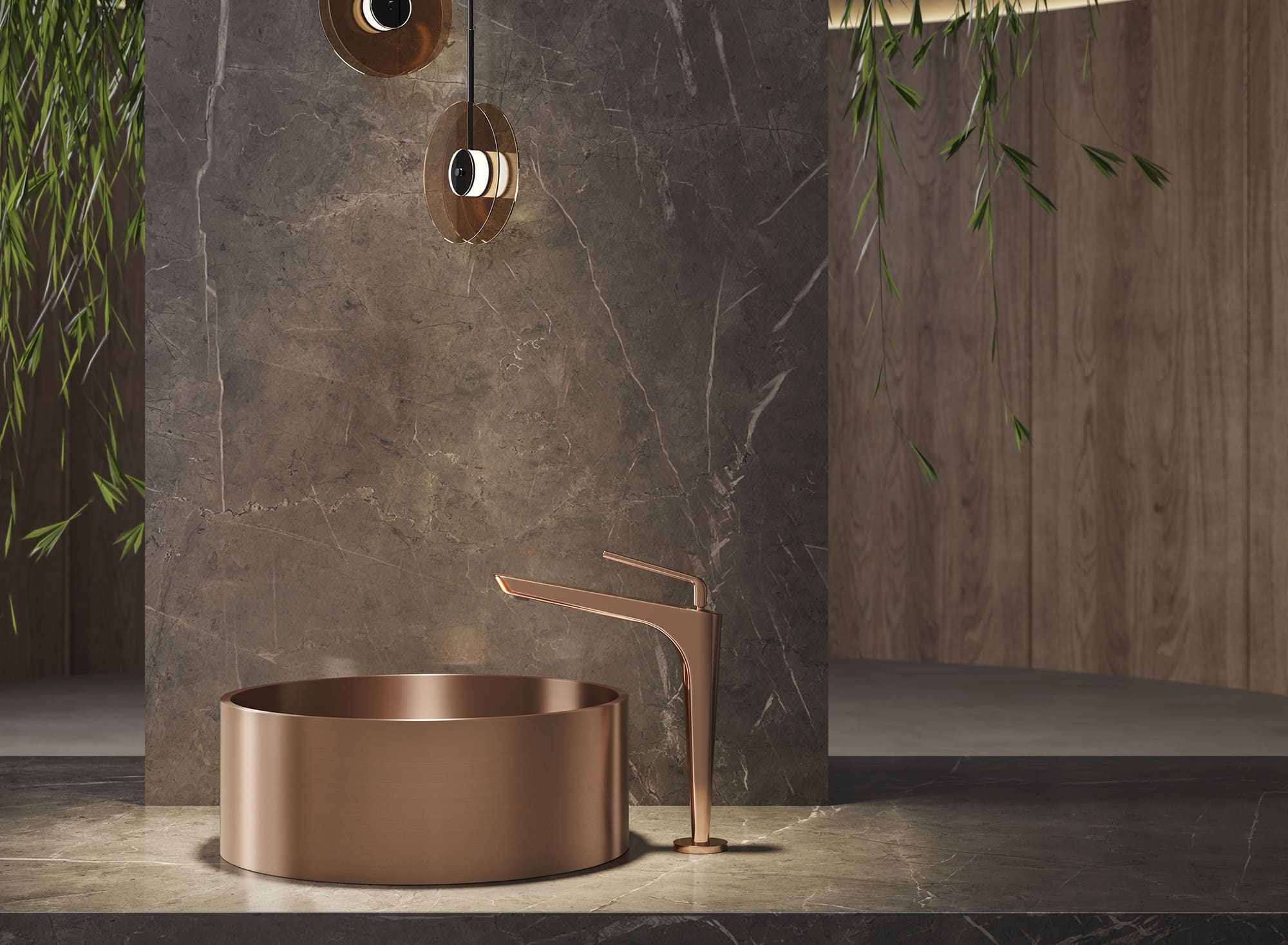 rubinetteria e lavabo in acciaio inox finitura rame spazzolato