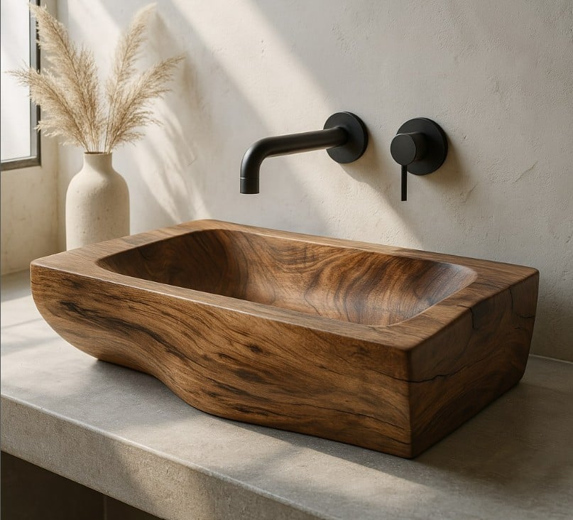 lavabo appoggio in legno massello fatto a mano