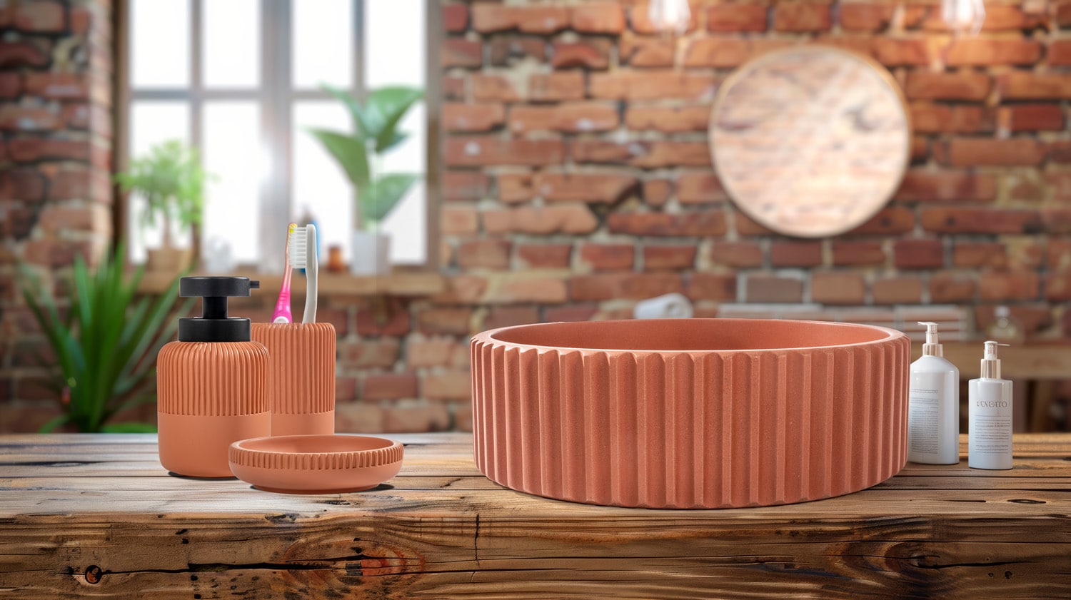 lavabo appoggio cemento arancione con accessori coordinati