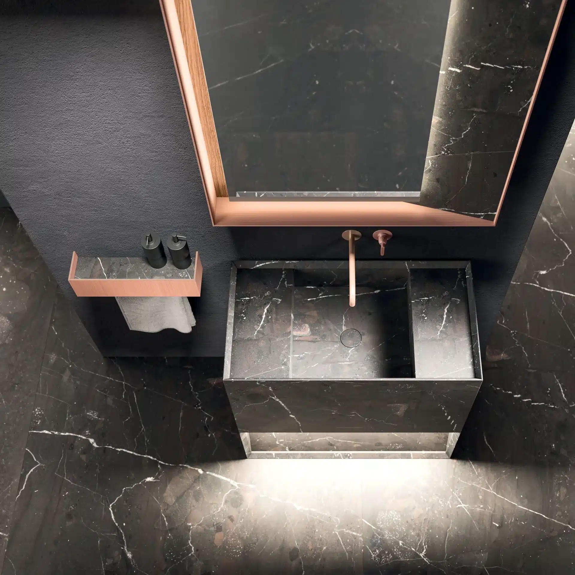 lavabo freestanding in granito con specchio e mensola