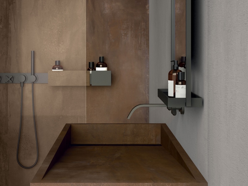 dettaglio lavabo gres porcellanato color ruggine