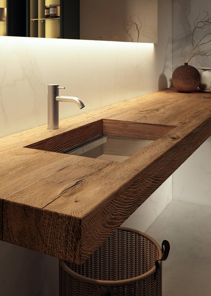 top lavabo in legno di rovere e vetro trasparente
