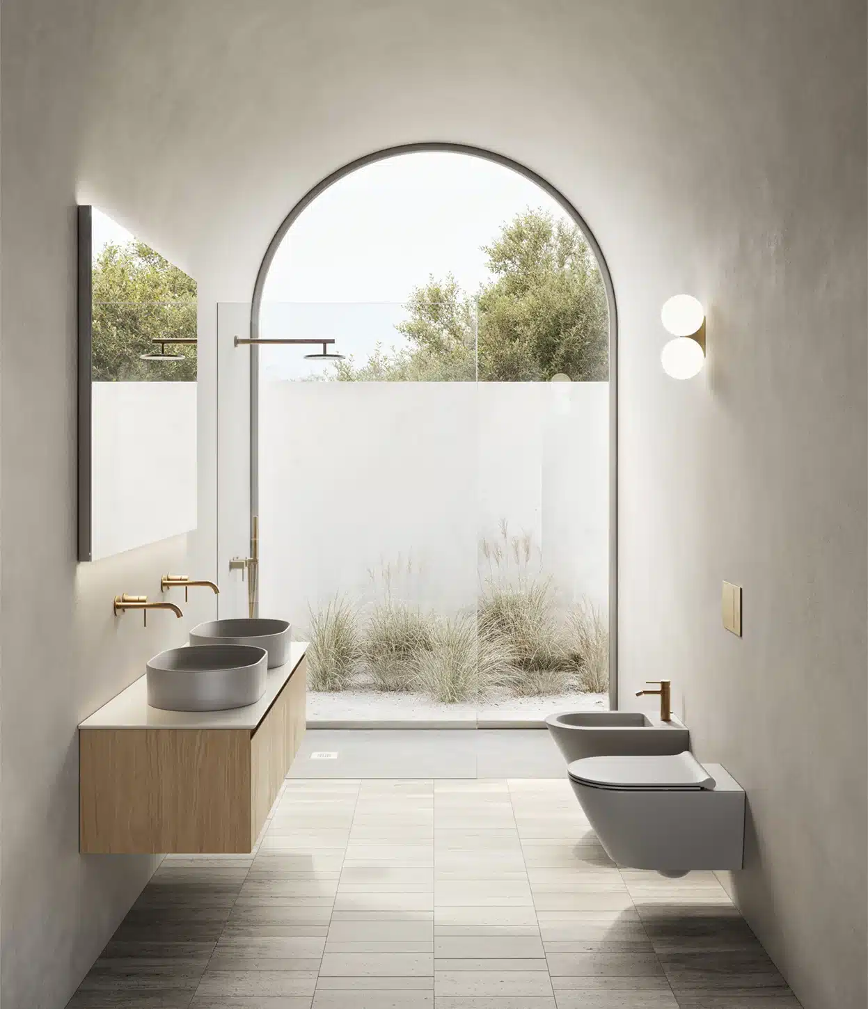 Bagno moderno con lavandini in ceramica colorata grigio con sanitari sospesi abbinati
