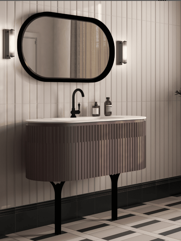 mobile da bagno cannettato marrone scuro con piedini neri