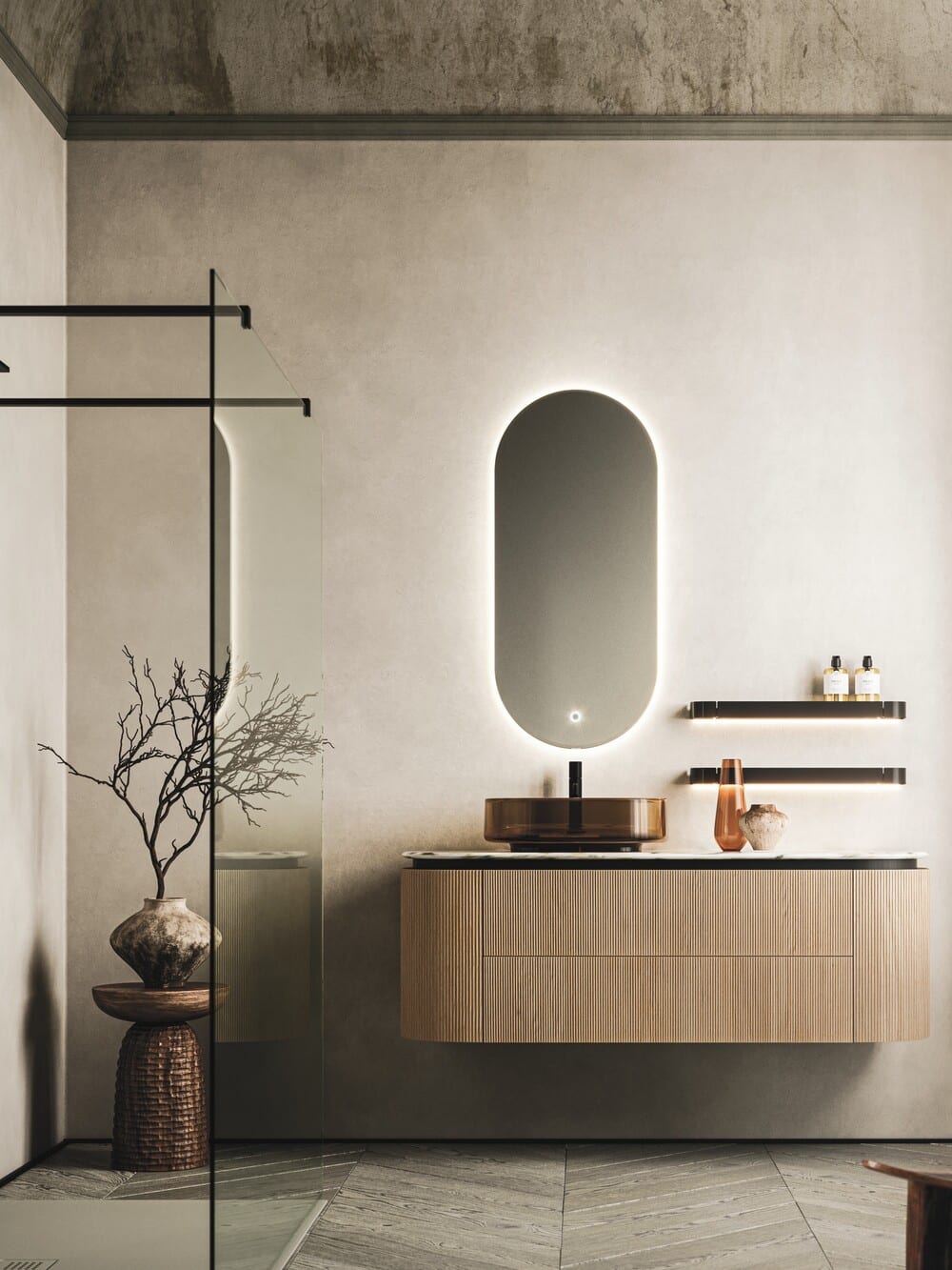 Composizione mobile bagno in legno con fianco arrotondato