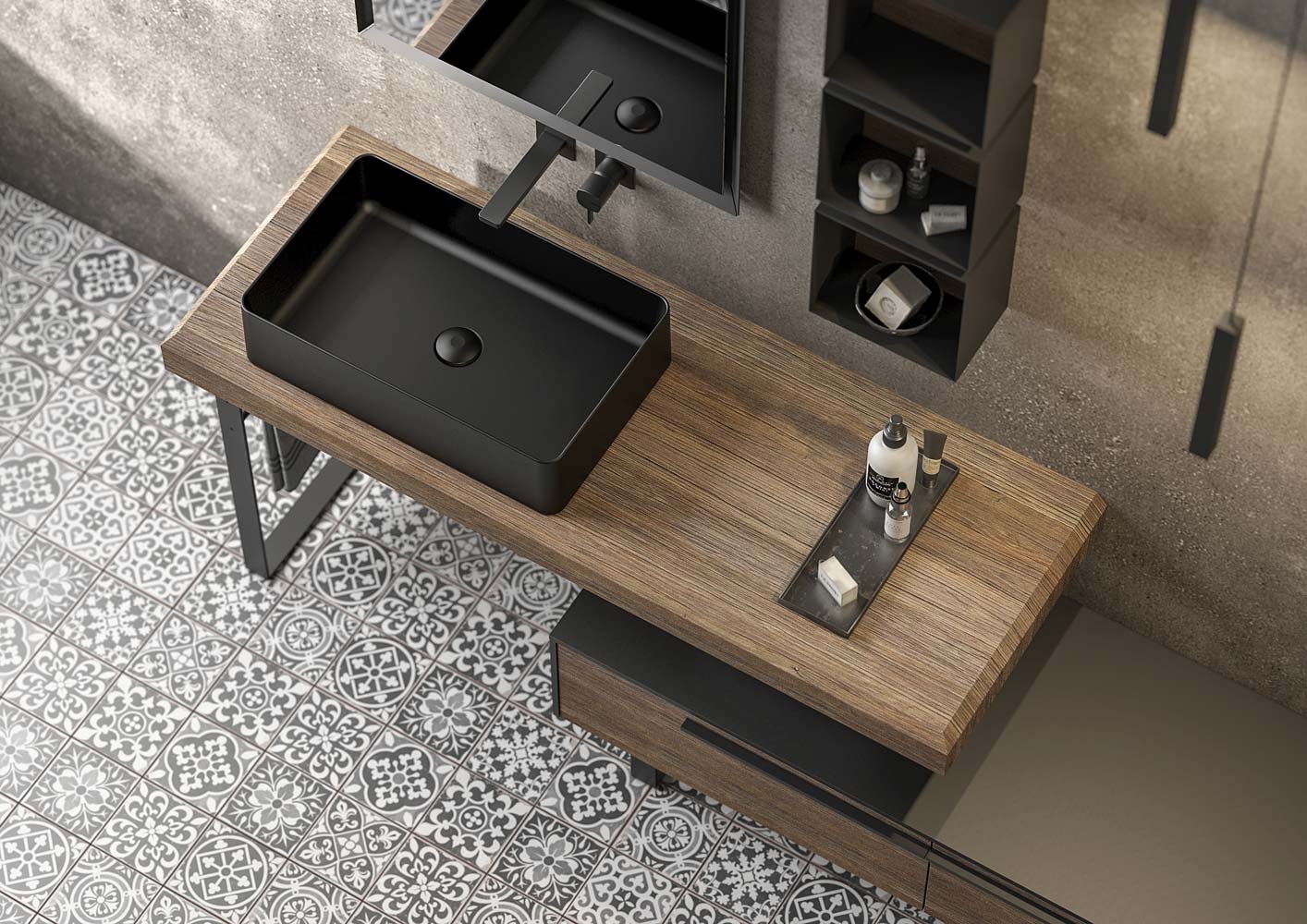 mobile bagno legno massello con lavabo rettangolare nero in appoggio