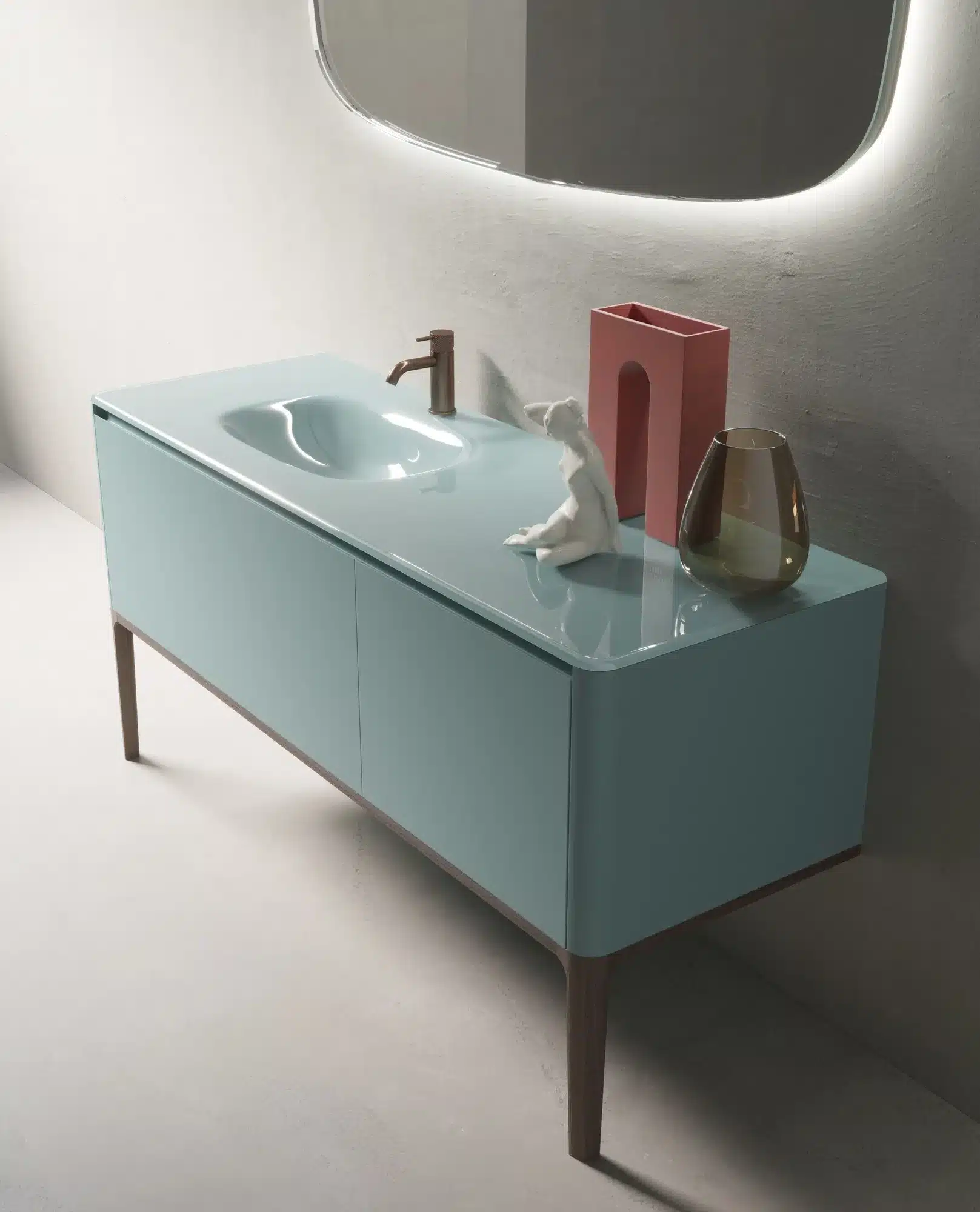 mobile bagno con top in vetro con lavabo integrato verde acqua Lasaidea
