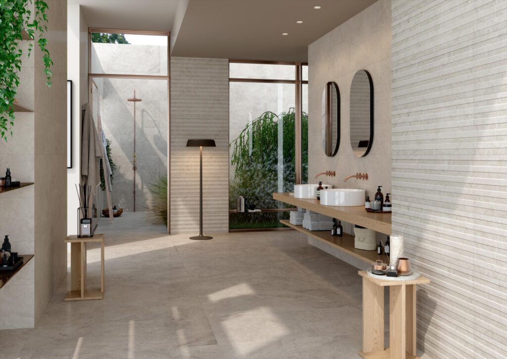 bagno moderno con piastrelle effetto marmo Puro Antibacterial