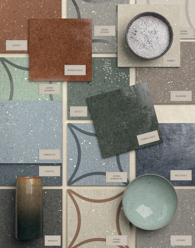 Tutti i colori della collezione Terrasale piastrelle effetto graniglia Marca Corona