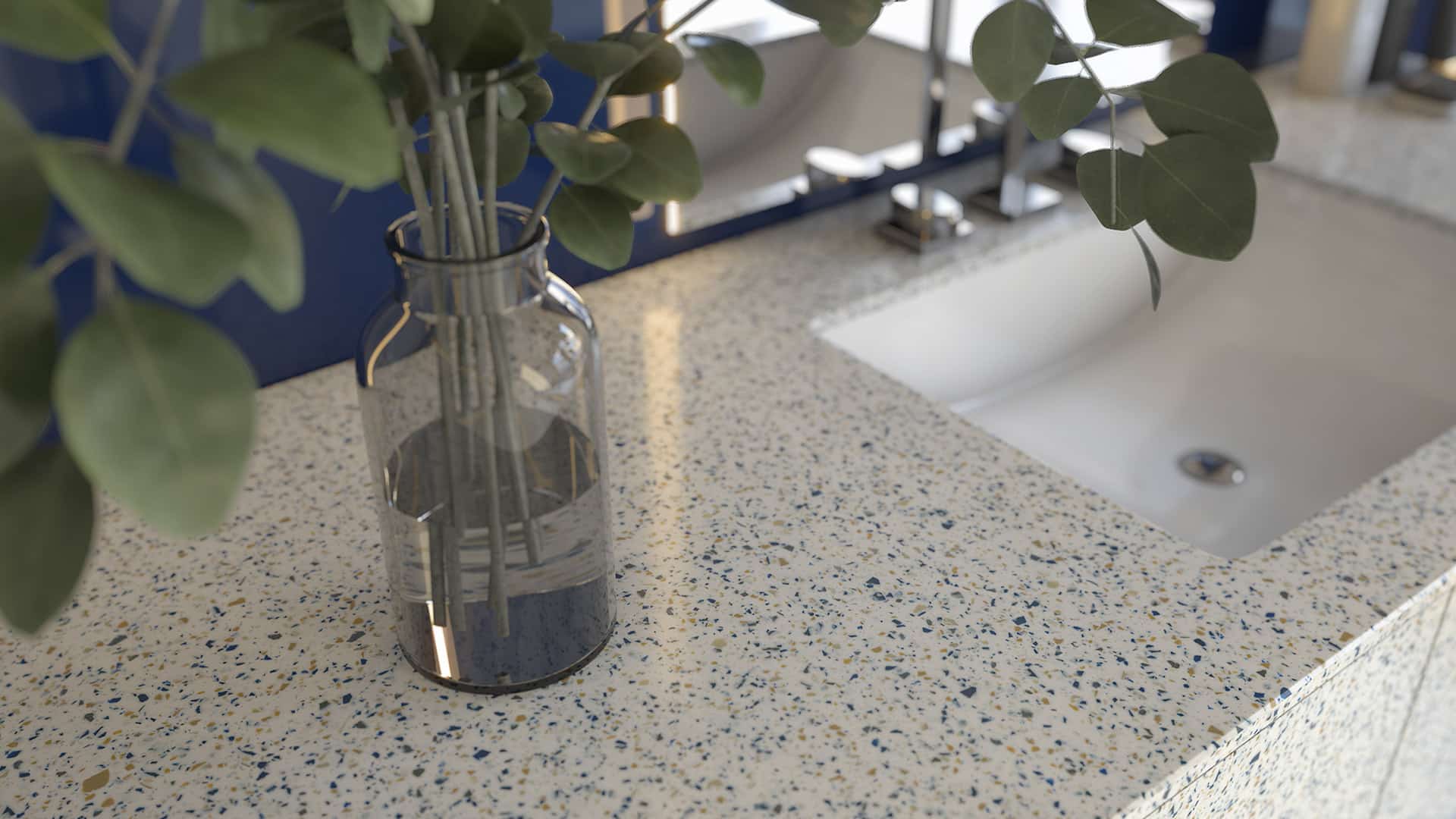 piano lavabo in Corian effetto terrazzo